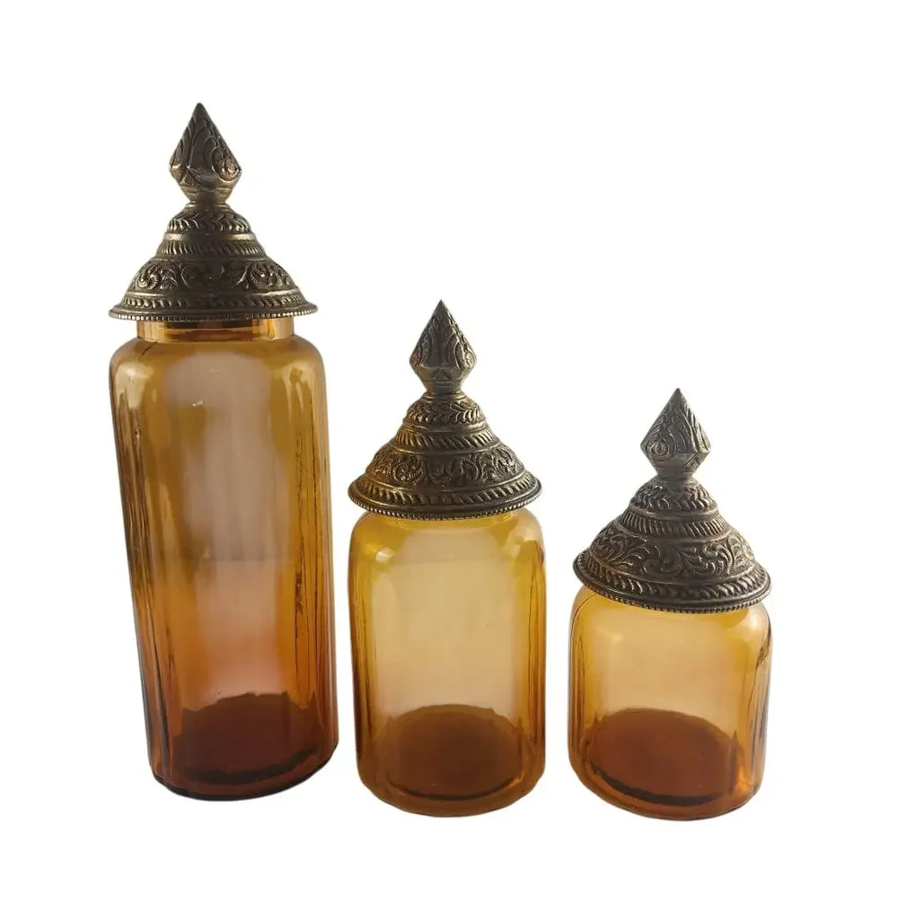VTG Amber Glass Apothecary Ribbed Caister / Jars Set~3 Metal Gold-Tone Final Lid